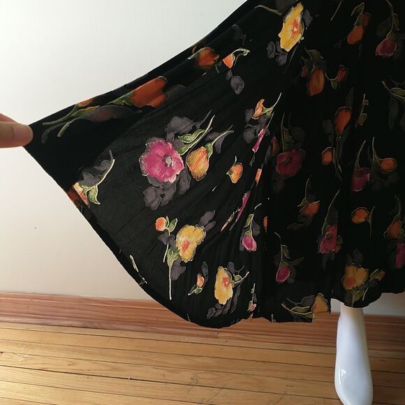 VTG Expo Maxi Wrap Dress 6 Black Floral Short Sleeve Made In USA Cottagecore 80s - Picture 5 of 11